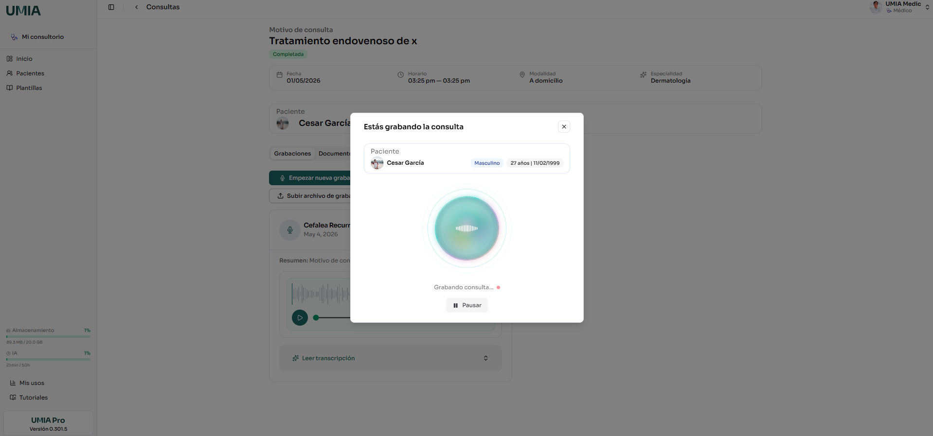 Pulsa grabar. La consulta se documenta sola.